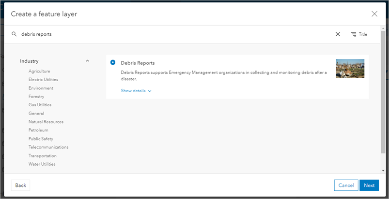 Debris Reports feature layer template.