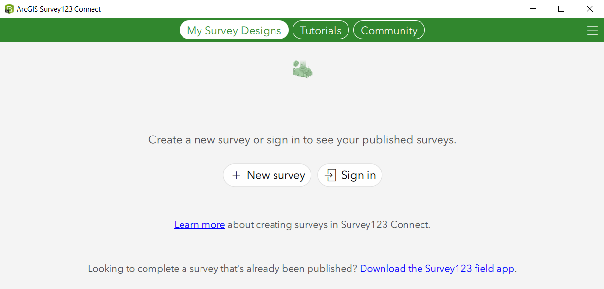 Survey123 Connect Gallery showing the New Survey button Survey123 Connect Gallery showing the New Survey button