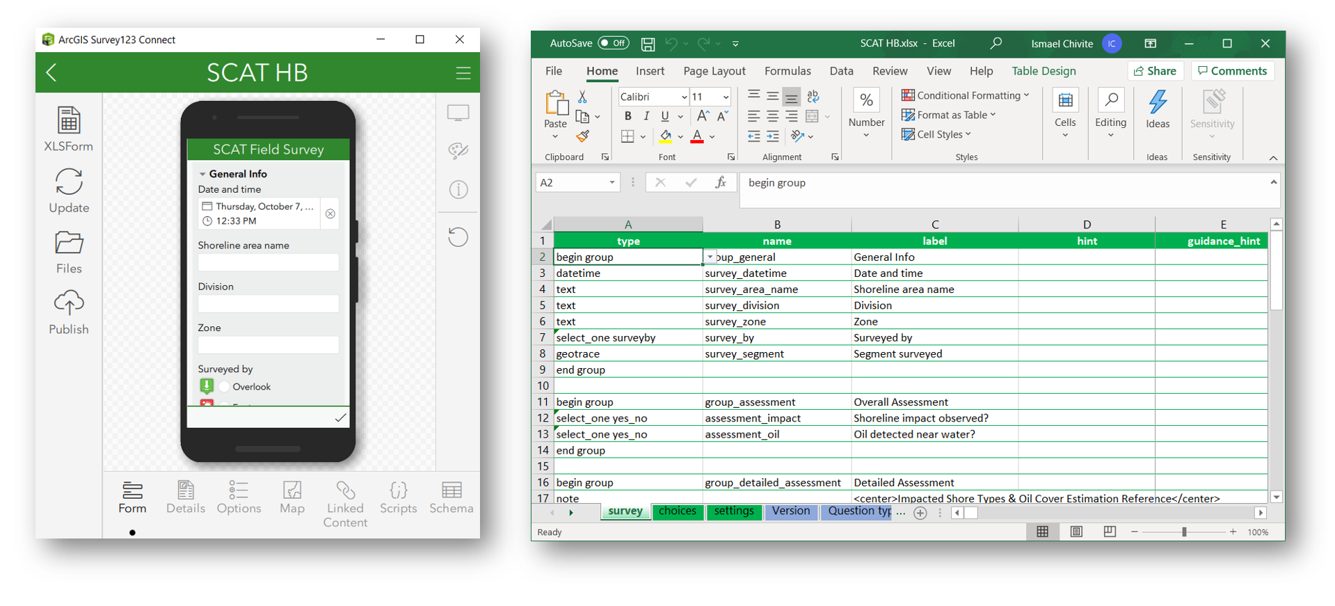 Image showing Survey123 Connect, the SCAT preview and its corresponding XLSForm spreadsheet Image showing Survey123 Connect, the SCAT preview and its corresponding XLSForm spreadsheet