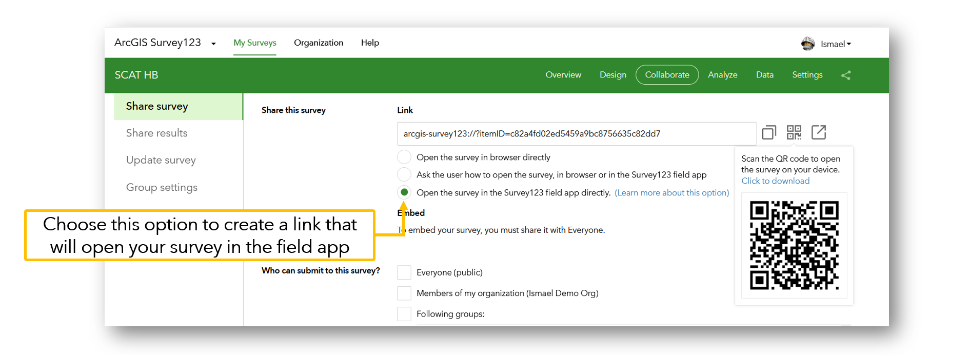 Image of the Collaborate tab in the Survey123 website Image of the Collaborate tab in the Survey123 website
