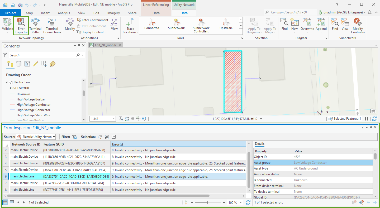 Error Inspector pane for the utility network