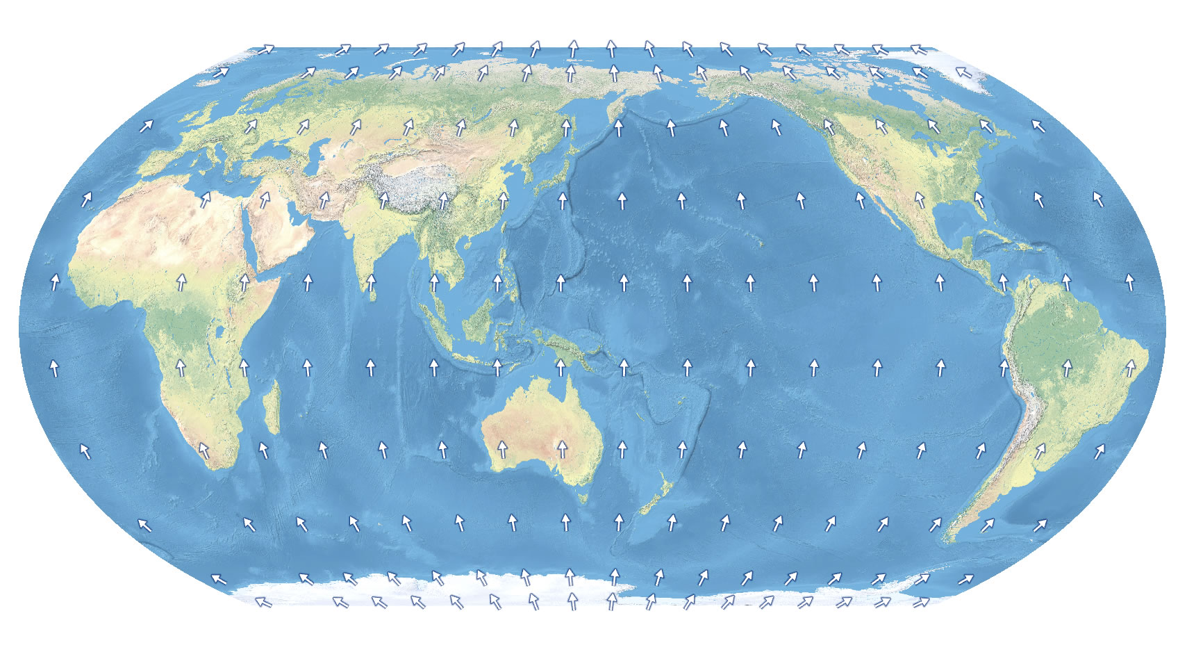 Equal Earth projection with lots of honest north arrows.