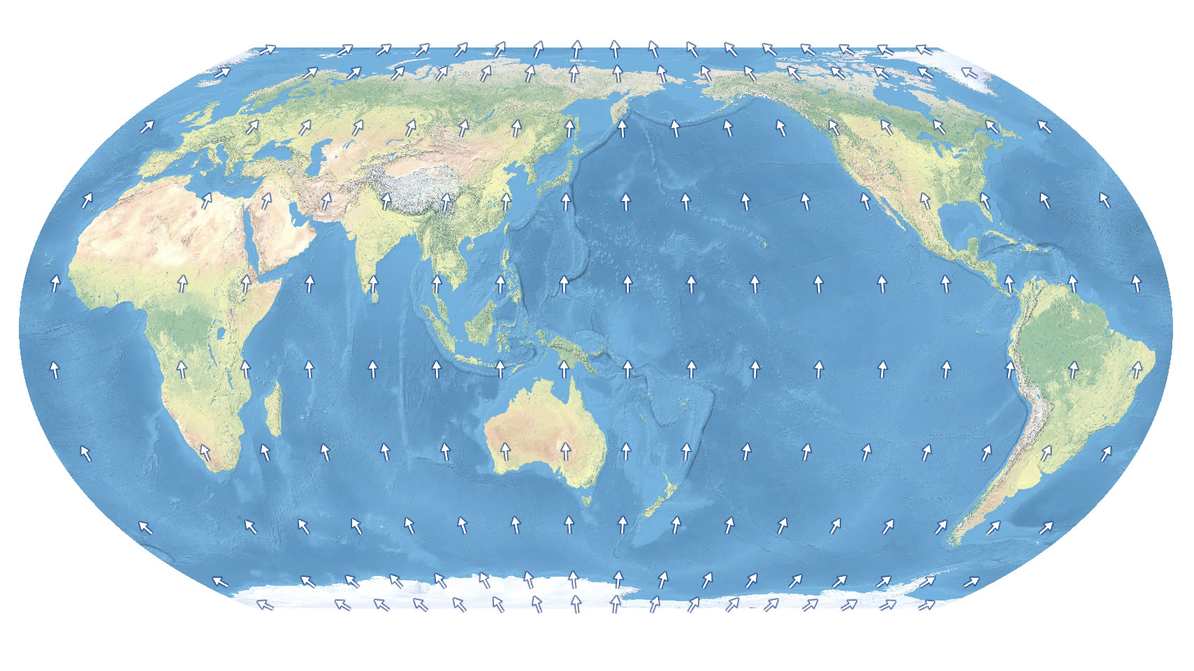 Equal Earth projection with lots of honest north arrows. Equal Earth projection with lots of honest north arrows.
