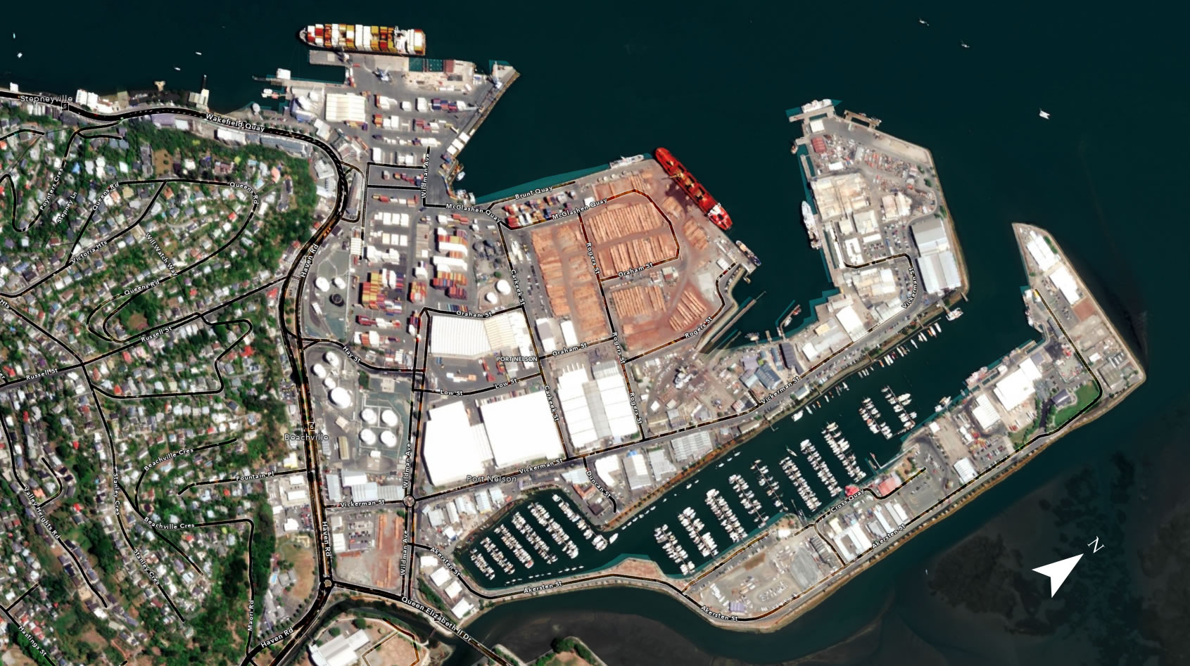 Port Nelson, New Zealand, at a scale and orientation that requires a north arrow. Port Nelson, New Zealand, at a scale and orientation that requires a north arrow.