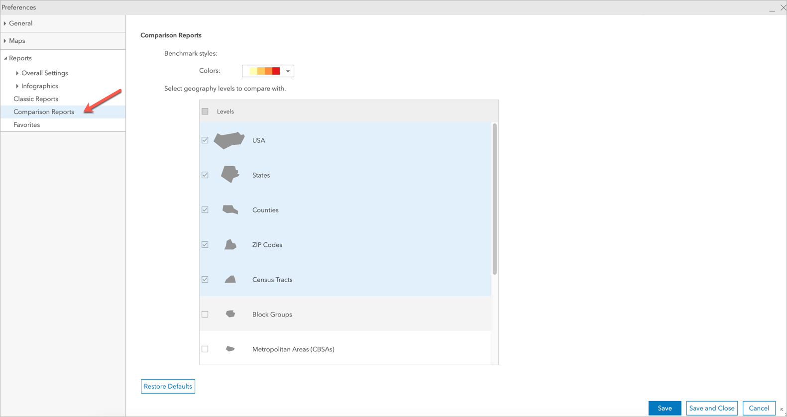 Comparison report preferences