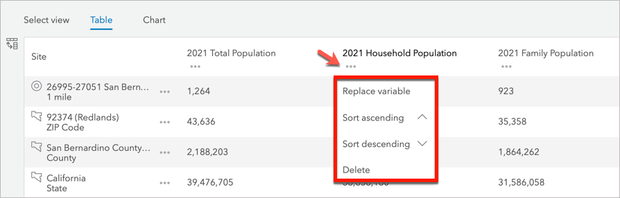 Variable menu in comparison report