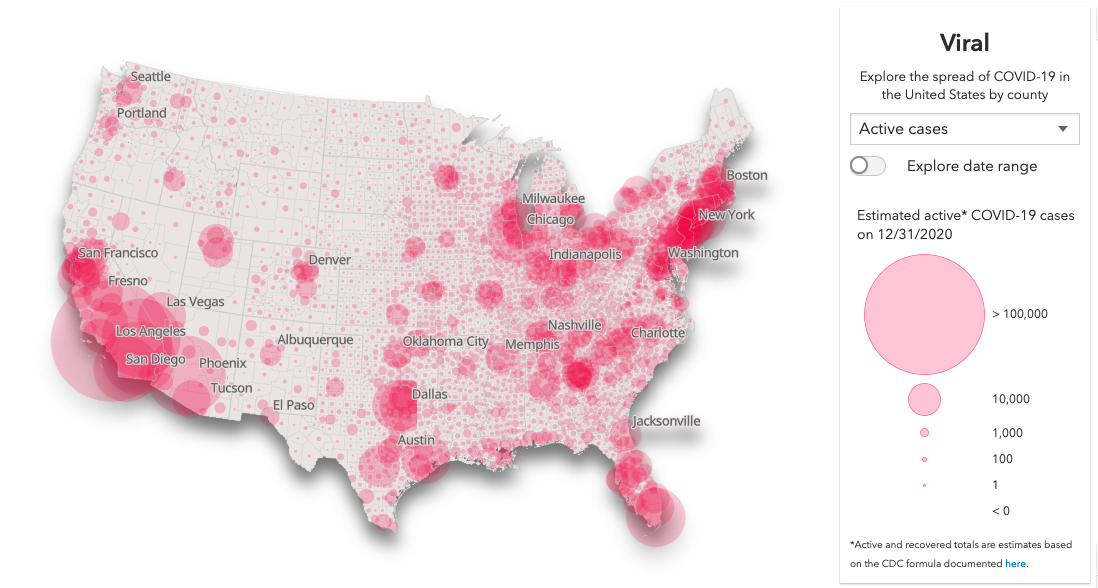 Active COVID-19 cases on December 31, 2020. The graduated symbols in this map are very transparent, making it easier to see symbols that overlap in dense areas such as Los Angeles and New York City. The visualization style makes feature display order irrelevant here.