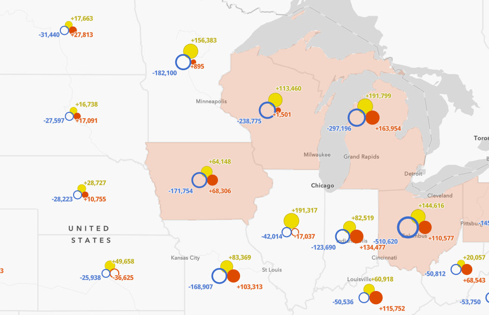 Electoral swing in the midwestern states for the 2016 U.S. presidential election.