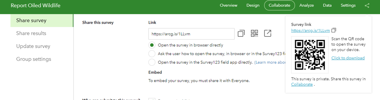 Share survey link dialog shown Share survey link dialog shown