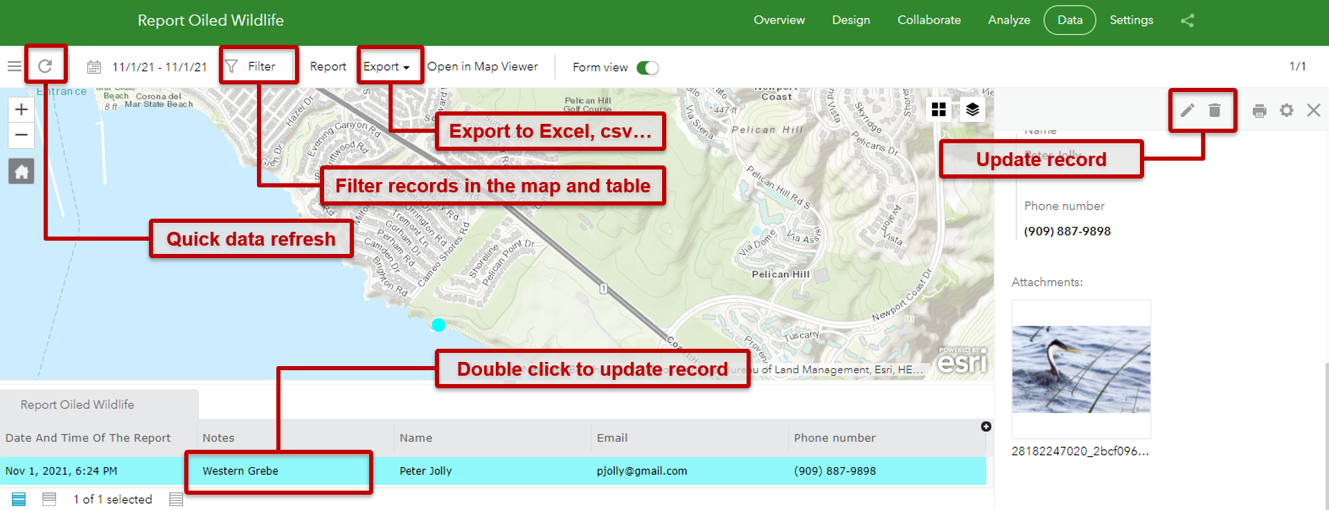 Survey123 data tab shown Survey123 data tab shown