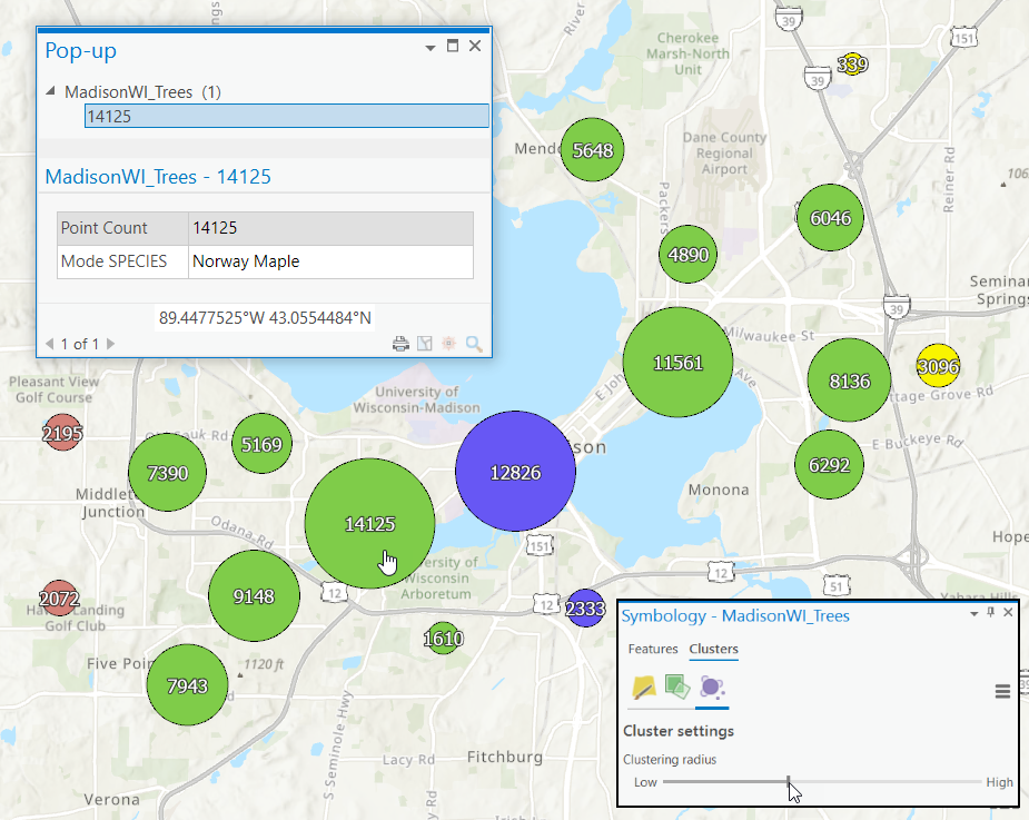 View a cluster's pop-up to see statistics for the points they represent.