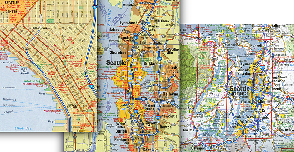 Extracts of maps from the National Geographic Road Atlas showing the Seattle area at State Map, Metro map, and Downtown Map scales.