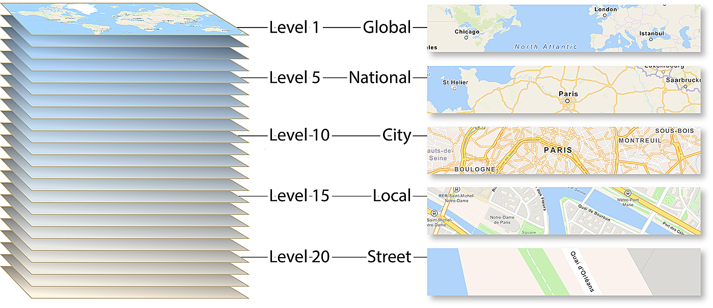 A graphic showing a stack of 23 layers, and a sample of the map detail at five of them. A graphic showing a stack of 23 layers, and a sample of the map detail at five of them.