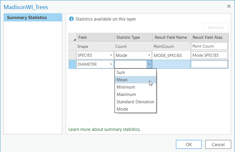 The Summary Statistics dialog allows you to build new statistic fields from your data.