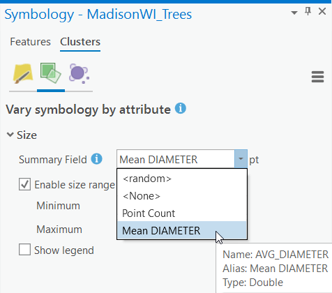 Change the cluster size properties in the Symbology pane.