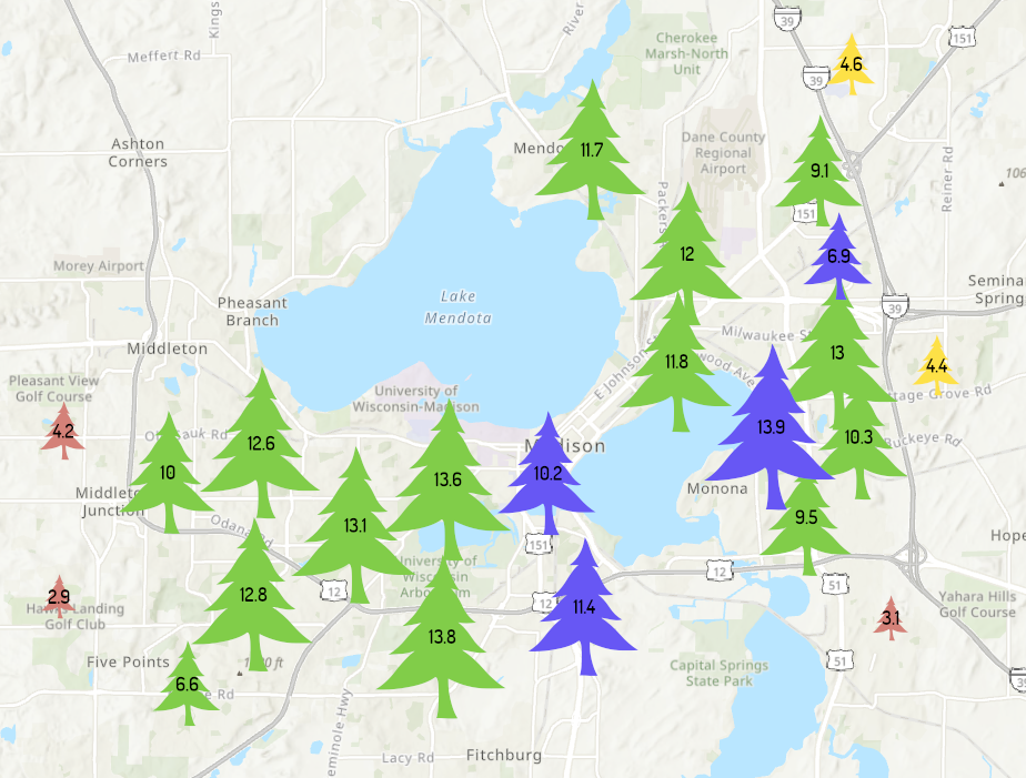 A map of the average street-side tree diameter per region in Madison, Wisconsin.