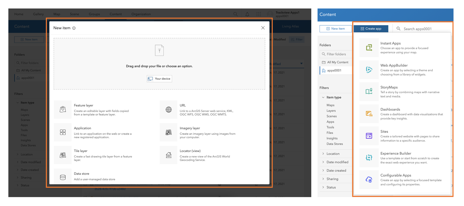 Screenshot of how to create new items and web apps in the Enterprise portal.