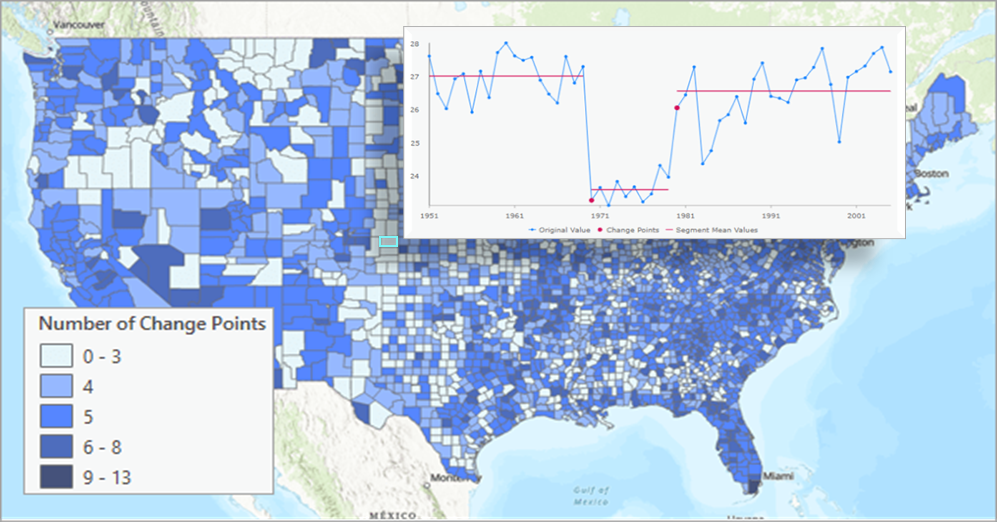 An output of the change point detection tool with a pop-up showing change points for a location on the map.