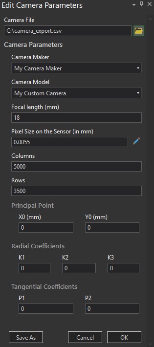 Custom model in edit camera parameters pane Custom model in edit camera parameters pane