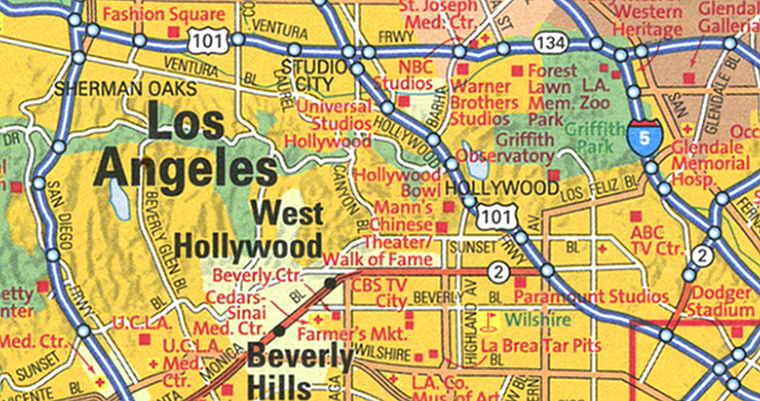 A sample from the National Geographic Road Atlas showing dense labels around the Hollywood area of Los Angeles