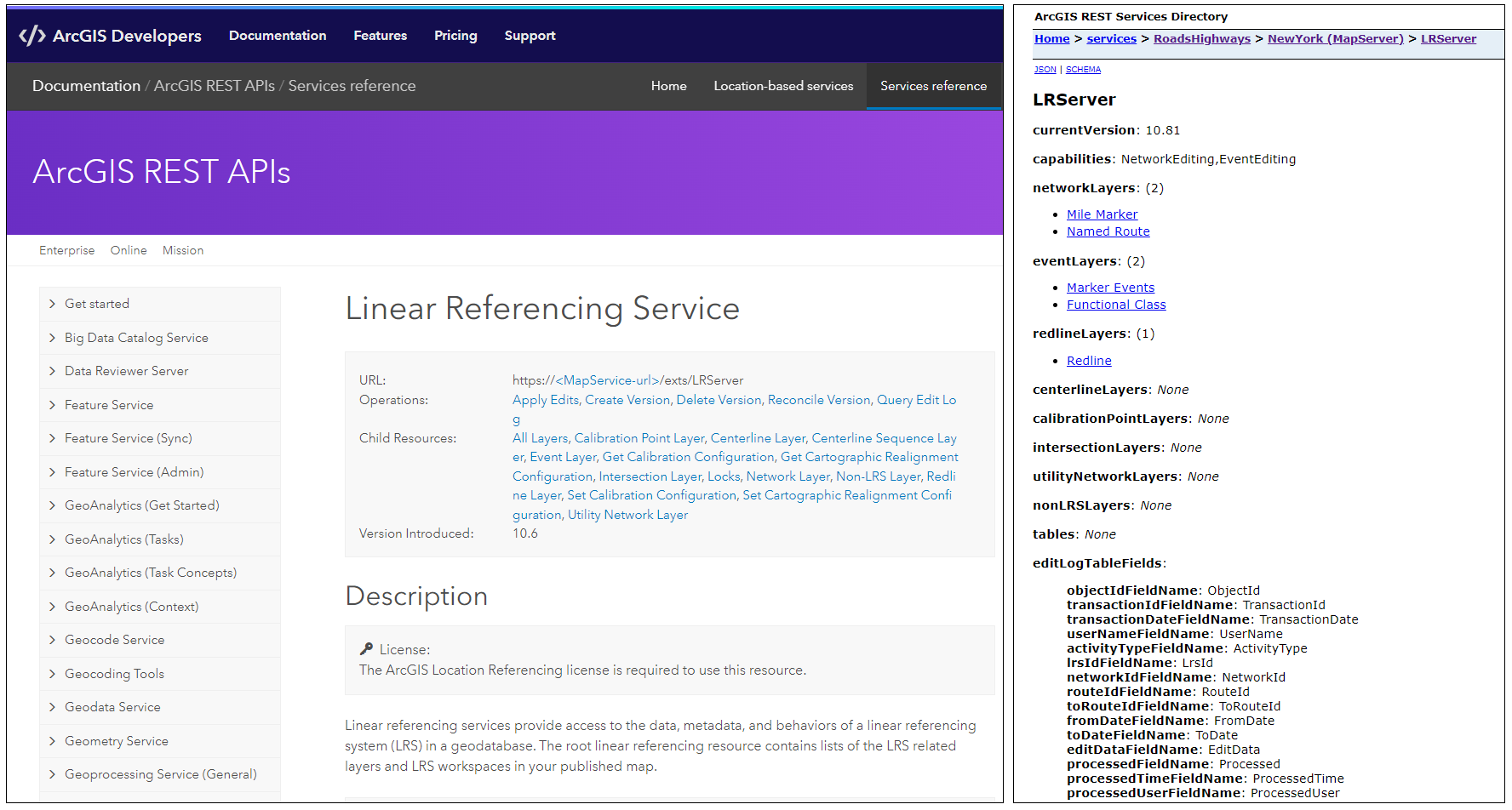 ArcGIS REST API Linear Referencing capability documentation.