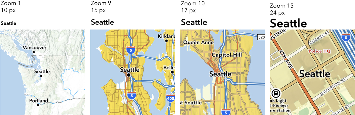 A graphic showing the 'Seattle' label from the NGRA basemap increasing in size and dropping the location dot as the map zooms in. A graphic showing the 'Seattle' label from the NGRA basemap increasing in size and dropping the location dot as the map zooms in.