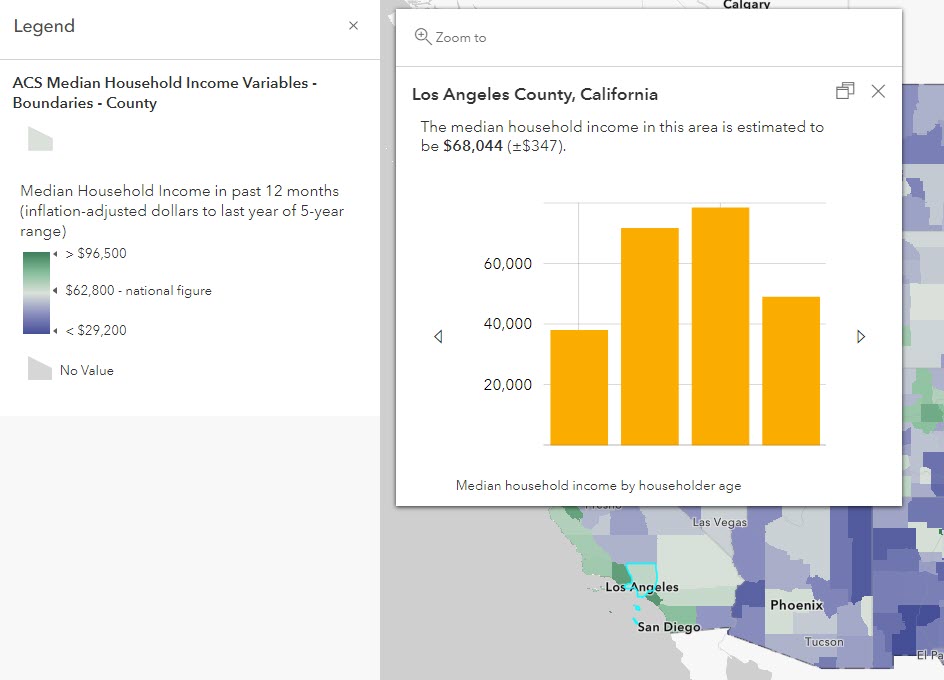 Pop-up text for Los Angeles County reads "The median household income in this area is estimated to be $68,044 (±$347)."