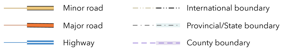 Sample legend entries for the NGRA basemap, showing symbols at different scales for roads and boundaries.