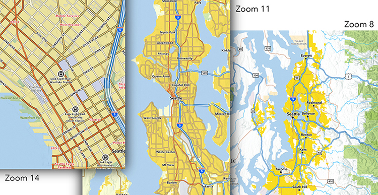 Extracts from the National Geographic Road Atlas (NGRA) -based basemap, showing equivalent State, Metro and Downtown designs.