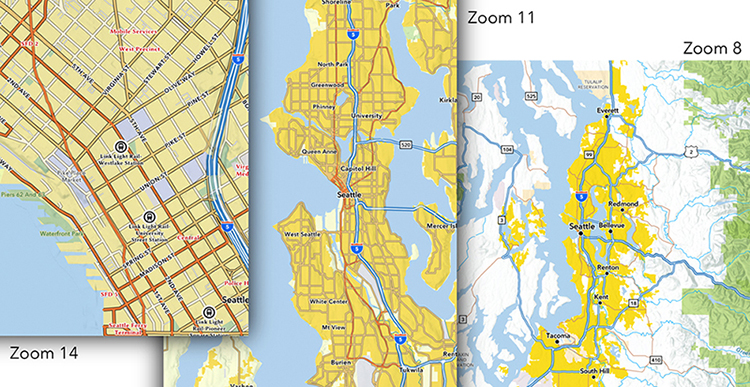 Extracts from the National Geographic Road Atlas (NGRA) -based basemap, showing equivalent State, Metro and Downtown designs. Extracts from the National Geographic Road Atlas (NGRA) -based basemap, showing equivalent State, Metro and Downtown designs.