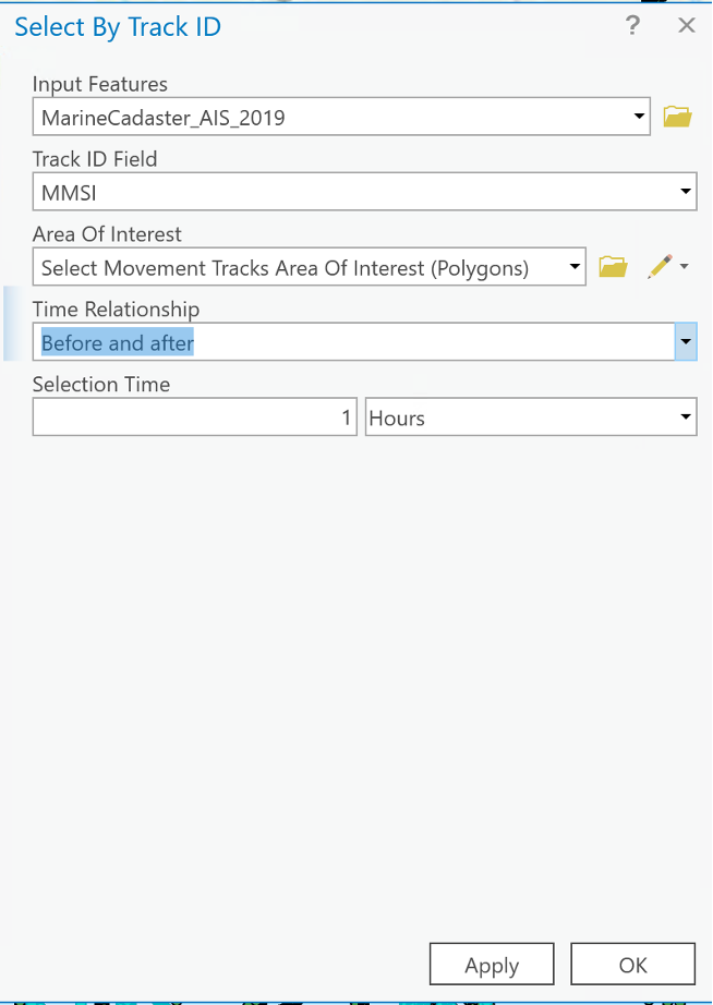 The Select Movement Tracks geoprocessing pane with some options enabled
