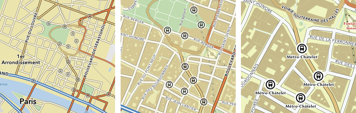 A graphic showing the Subway symbol from the NGRA basemap, using transparency settings to fade it in as the map zoom level increases.