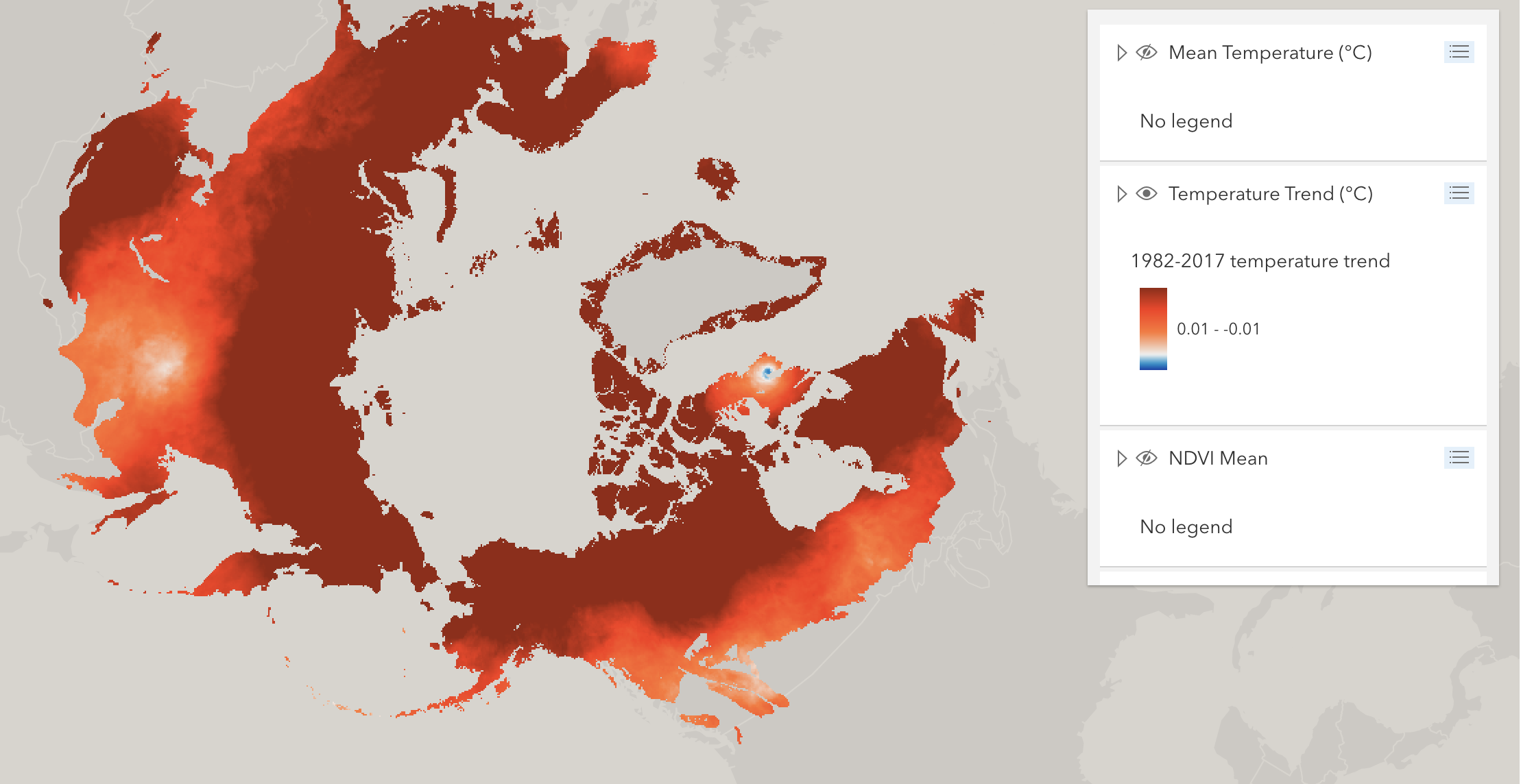 map of the arctic showing temperature trend in a red gradient