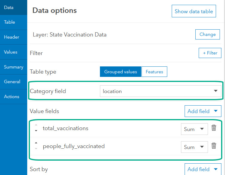 grouped value table configuration