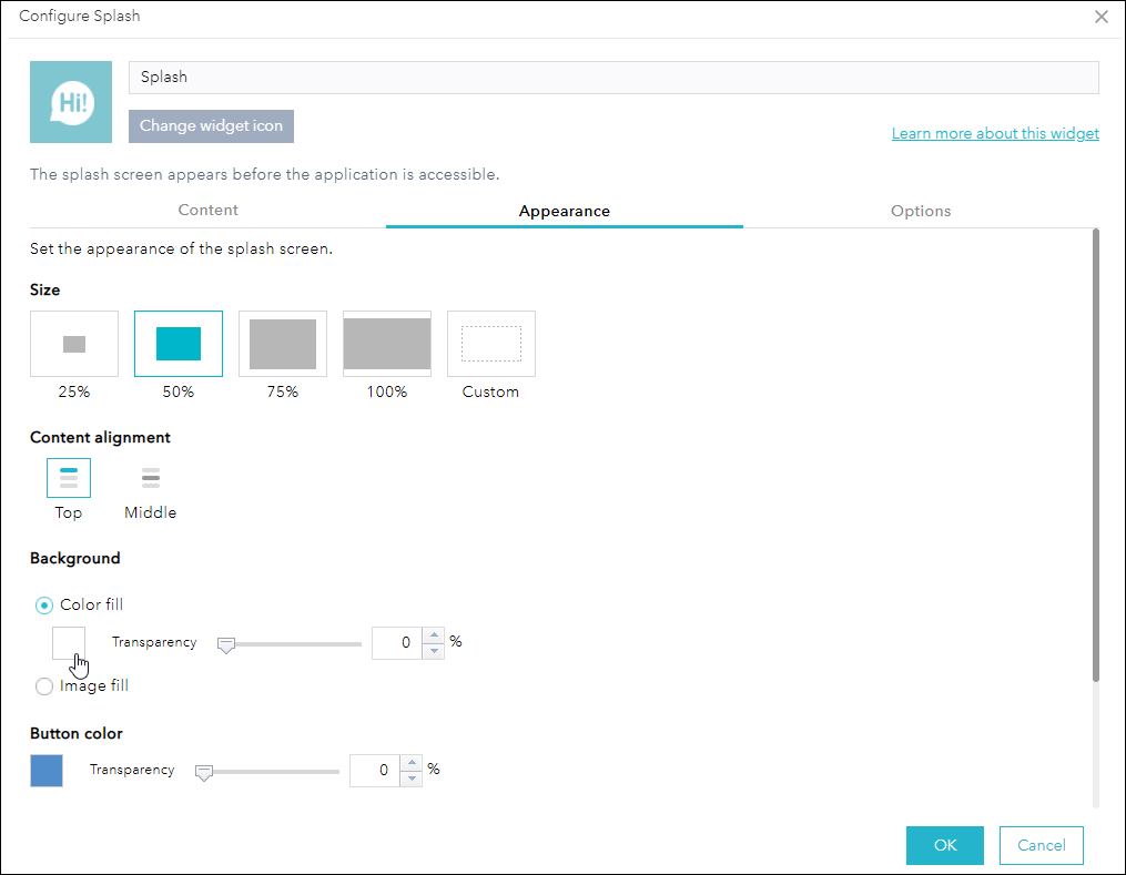 Splash widget Appearance tab.