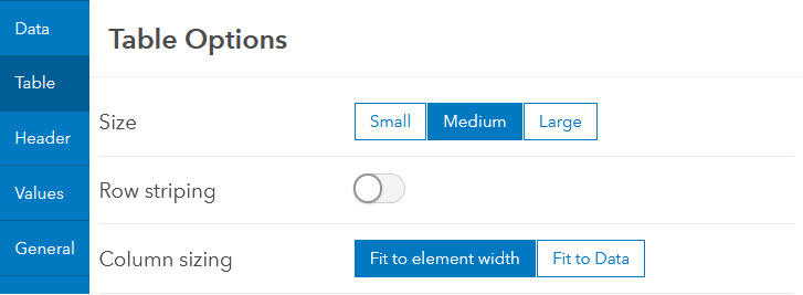 table sizing options