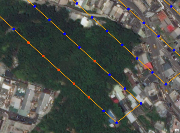 Flight path showing uncalibrated image points