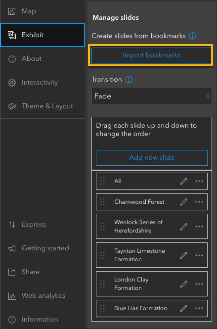 Import bookmarks button in the Exhibit configuration panel