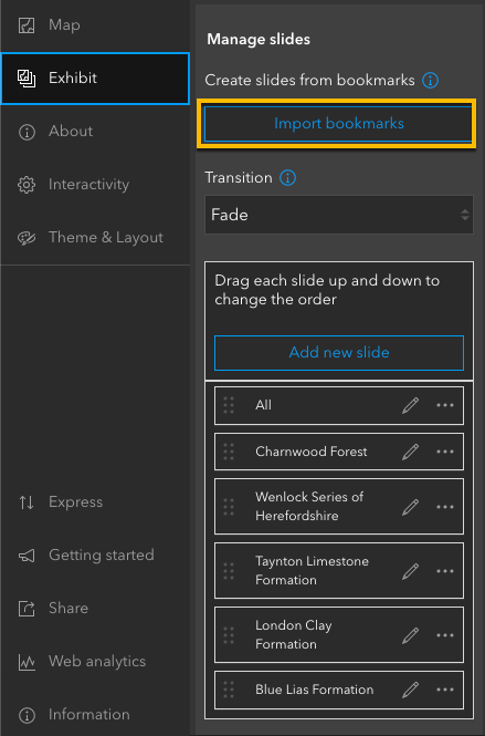 Import bookmarks button in the Exhibit configuration panel Import bookmarks button in the Exhibit configuration panel
