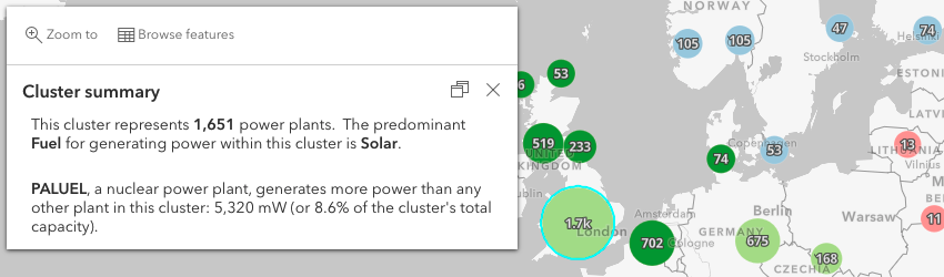 This cluster popup displays information about the plant that produces the most power in the cluster. You can display multiple values from a single expression by returning a rich text element containing these values directly from an Arcade expression.