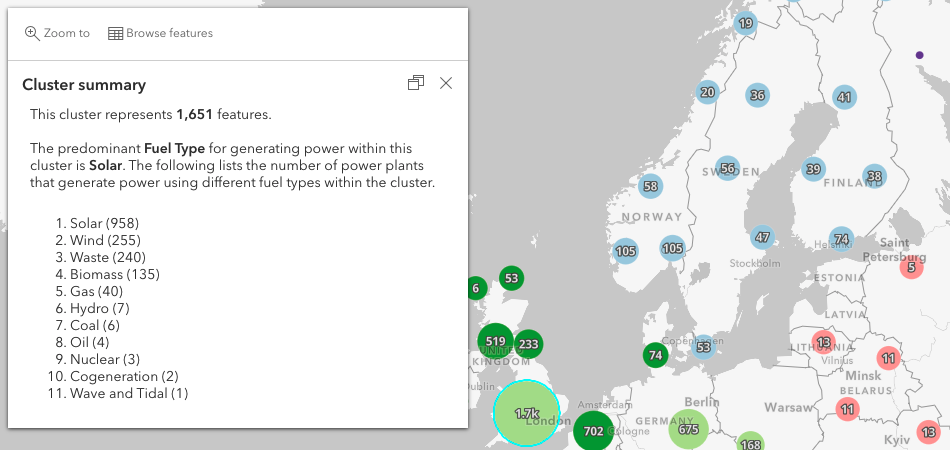 This cluster popup displays a list of distinct categories of features within the cluster along with their count.