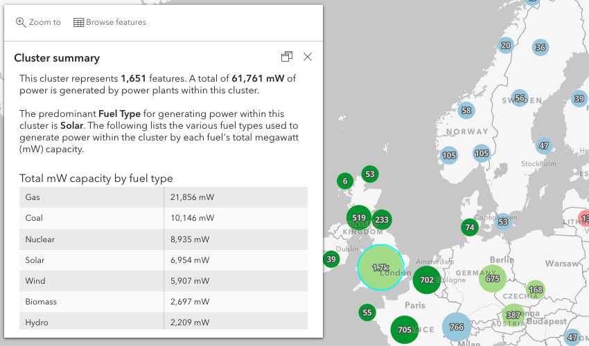 A cluster popup displaying unique categories of power plants by fuel type as an attribute table. Rather than sort the categories by count, they are sorted by total capacity.