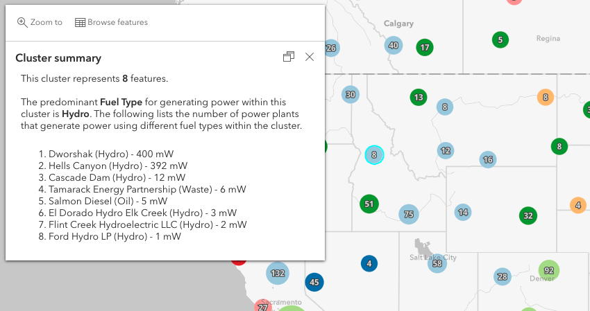 When fewer than 20 features exist in a cluster, then the popup will list the power plants included in the cluster along with the type of fuel for generating power and its total capacity.
