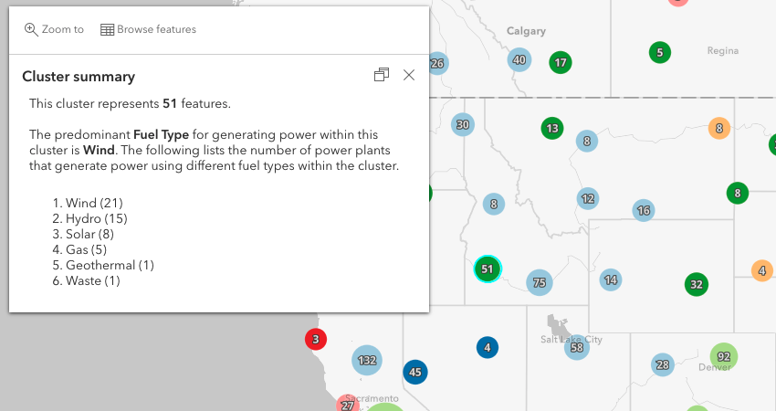 When more than 20 features exist in a cluster, the popup will list the various fuel types for generating power within the cluster along with the number of power plants using each fuel type.