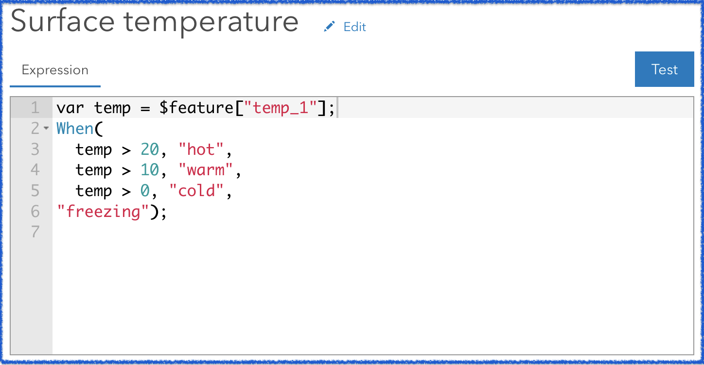 An Arcade expression that classifies sea surface temperature values as either hot, warm, cold, or freezing.