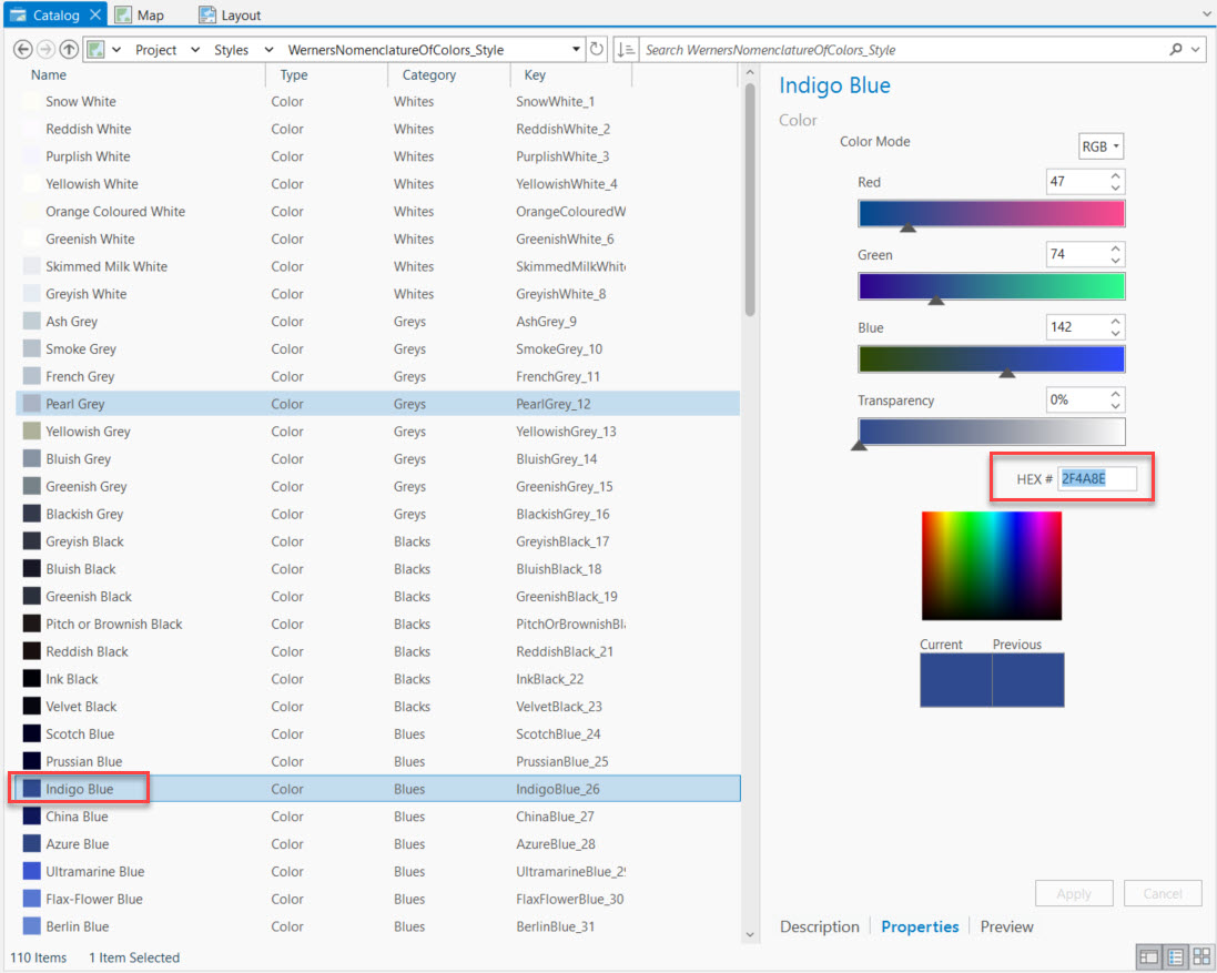 catalog view style item properties pane