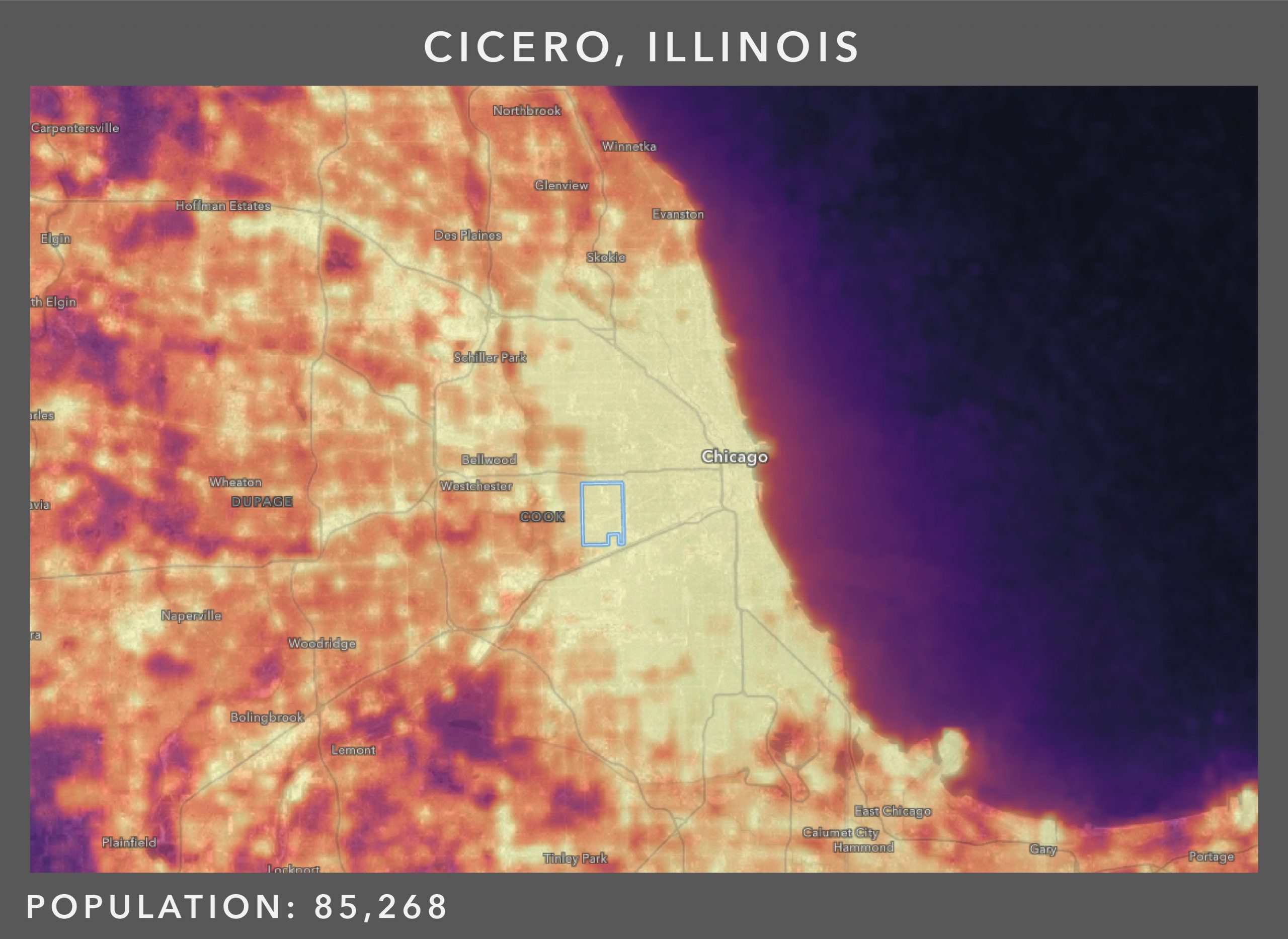 Nighttime light patterns for Cicero, Illinois.