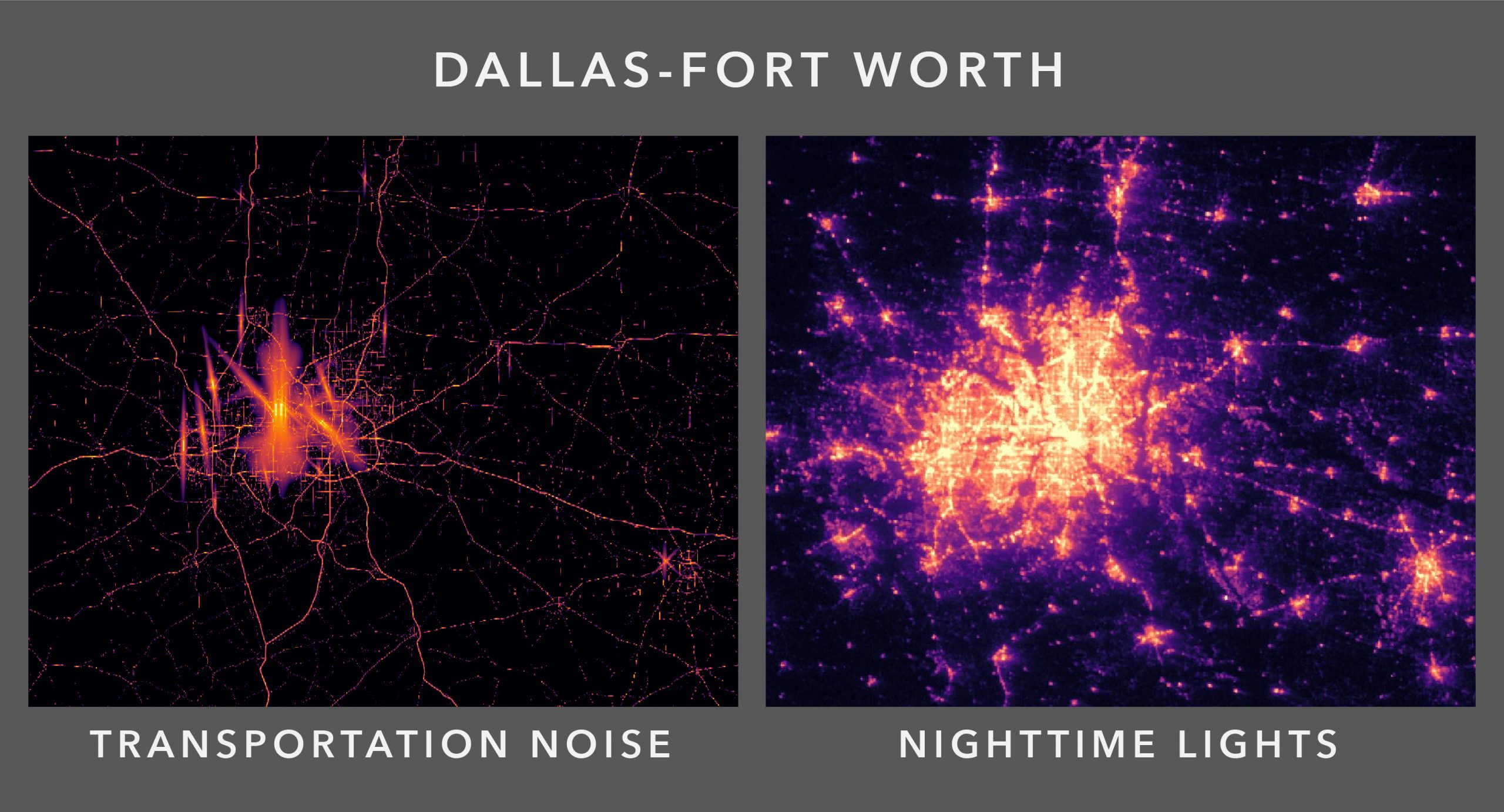Dallas-Fort Worth graphic showing the two layers of transportation noise and nighttime lights.
