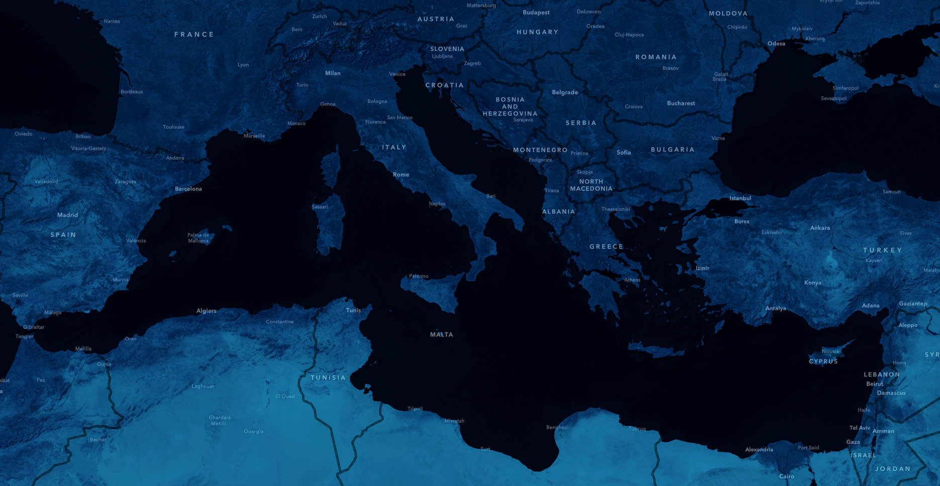 Deep Blue basemap with a Mediterranean extent