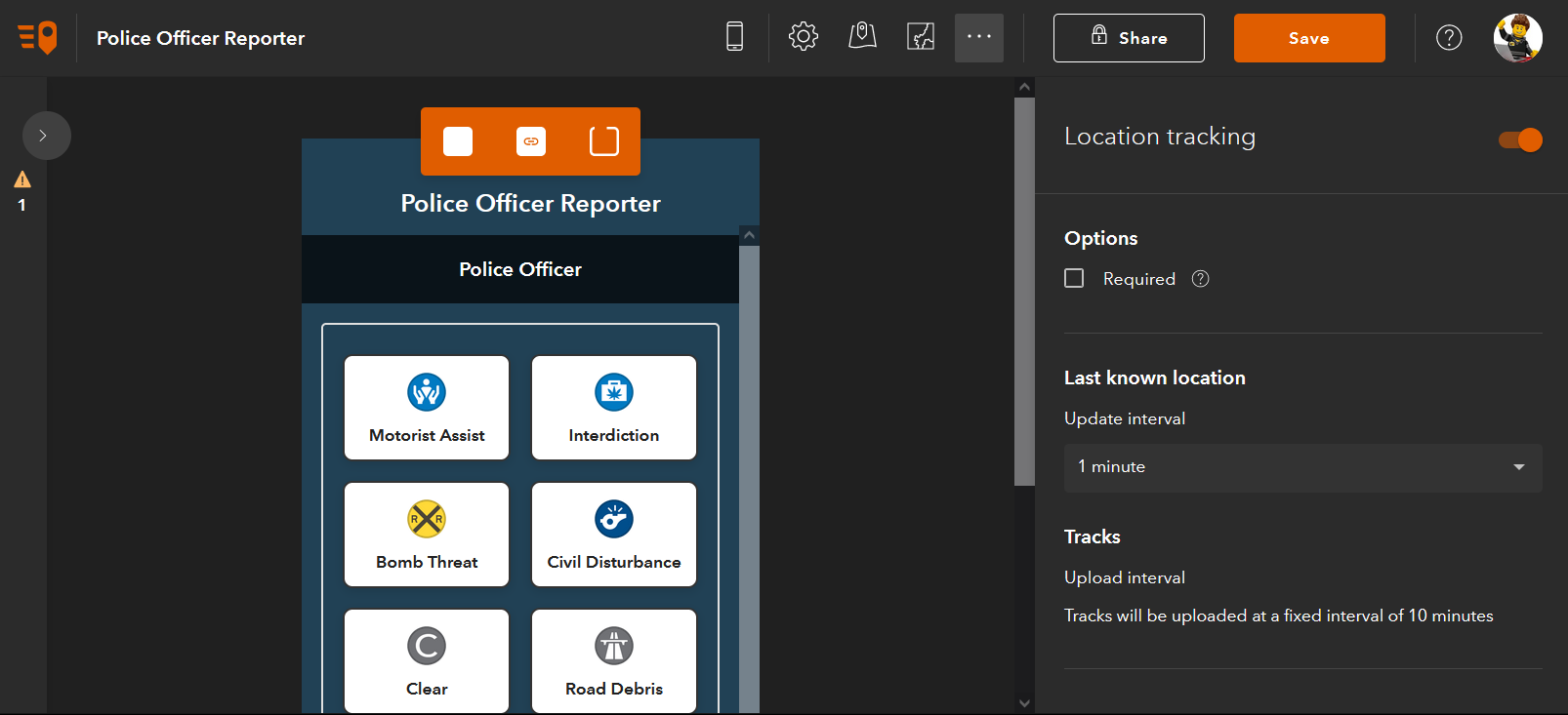 Designer Location Tracking settings